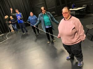 Our Drama Group back in action, physically distancing with the aid of a knotted rope.